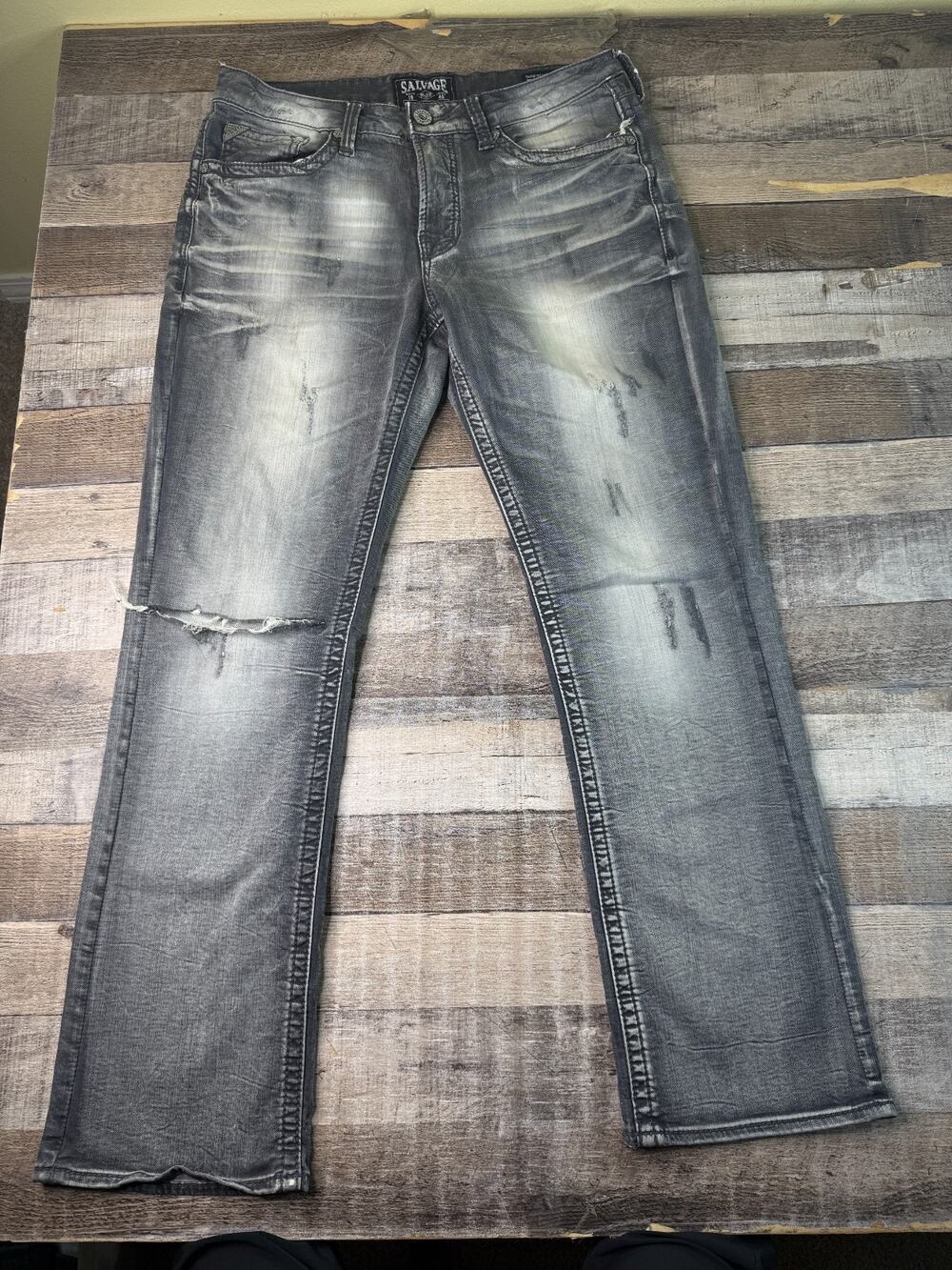 Salvage Supply Co Jeans Mens 33x32 Mayhem Straight Buckle Gray Distressed Y2K